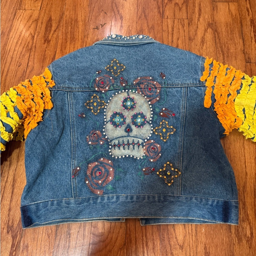 Patricia Wolf Sugar Skull Studded Denim Jacket Rainbow Ruffle Sleeves Small